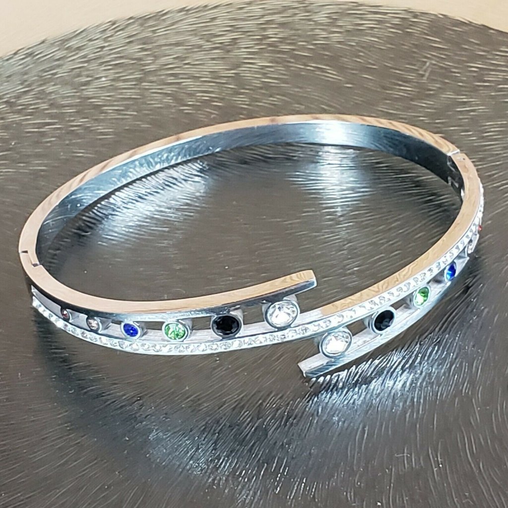 Stainless Steel Silver Color Rhinestones Bracelet Bangle